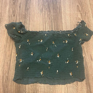 Abercrombie & Fitch Women’s Green Floral Scrunch Crop Off Shoulder Top Size L